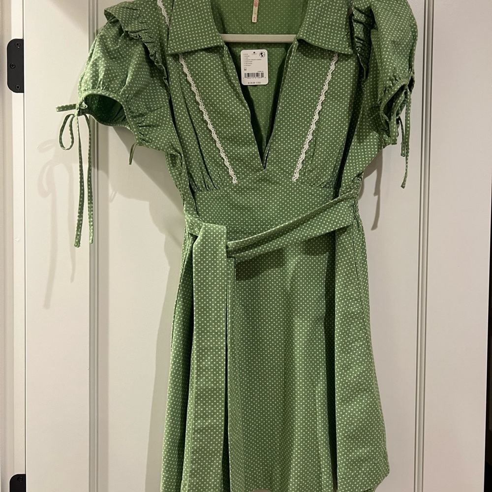 NEW Free People Green Polka Dot Dress with Belt